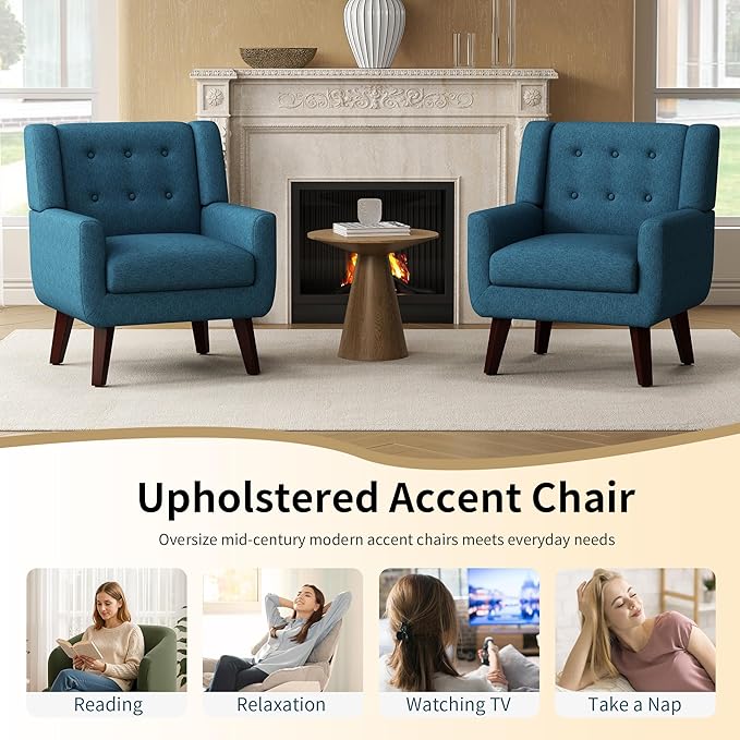 Accent Chairs Set of 2 Mid-Century Modern Upholstered Living Room Armchair Comfy Linen Fabric Single Reading Arm Chair with Tufted Back and Wood Legs for Bedroom Club (2 Dark Teal)