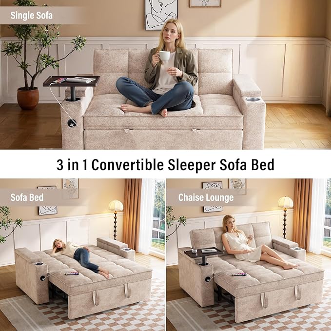 65'' 3-in-1 Convertible Sofa Bed with Adjustable Backrest Pull Out Sofa Chenille Couch Sleeper 360° Swivel Side Table Easy Assembly for Living Room &amp Apartments Khaki