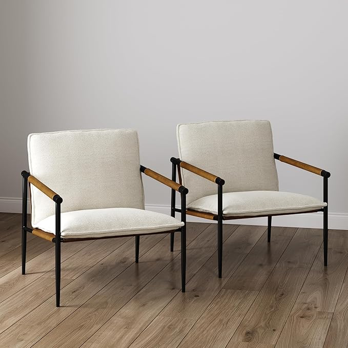 Nathan James Omel Lounge Reading Chair Modern Living Room Accent Chair with Metal Frame and Boucle Upholstery Cream Boucle/Black Set of 2