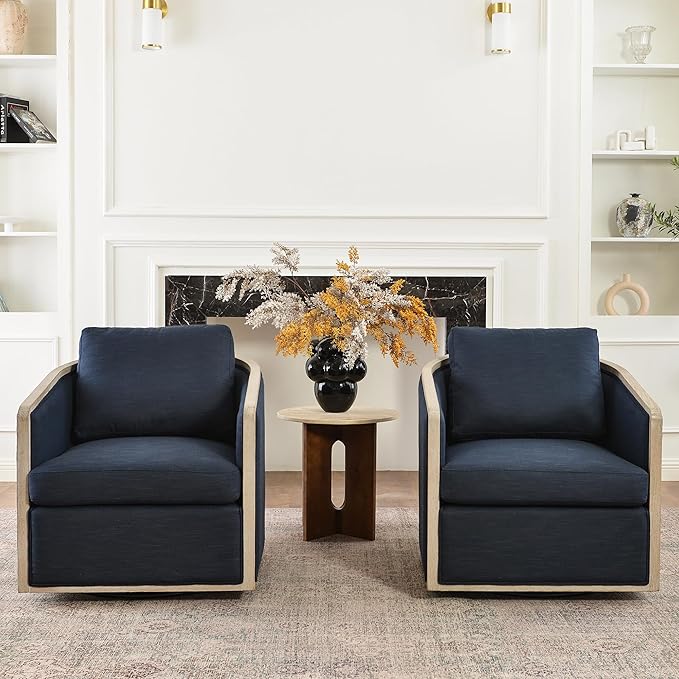 KINWELL Set of 2 Oak Wood Frame Modern Performance Fabric Swivel Barrel Armchair Mid Century Upholstered Accent Sofa Chair with Pillow Back for Living Room Lounge &amp Bedroom Indigo