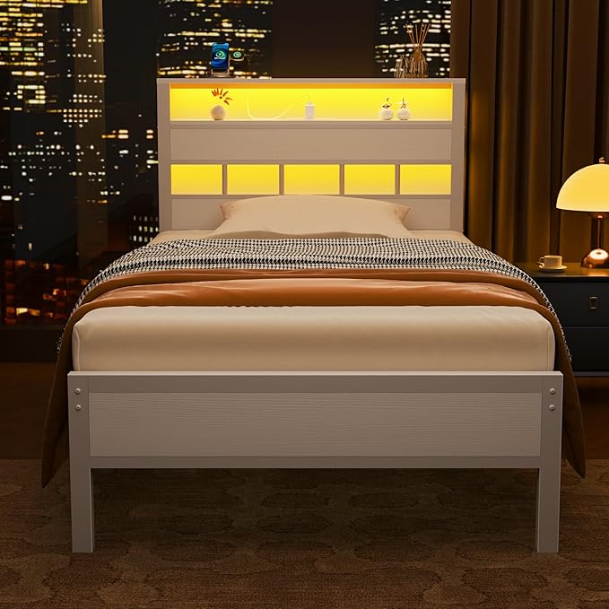 Furnulem Twin Bed Frames with Charging Station and LED Lights Twin Size Platform Bed with Metal Slats Wood Headboard with 2-Tier Storage Shelves No Box Spring Needed White