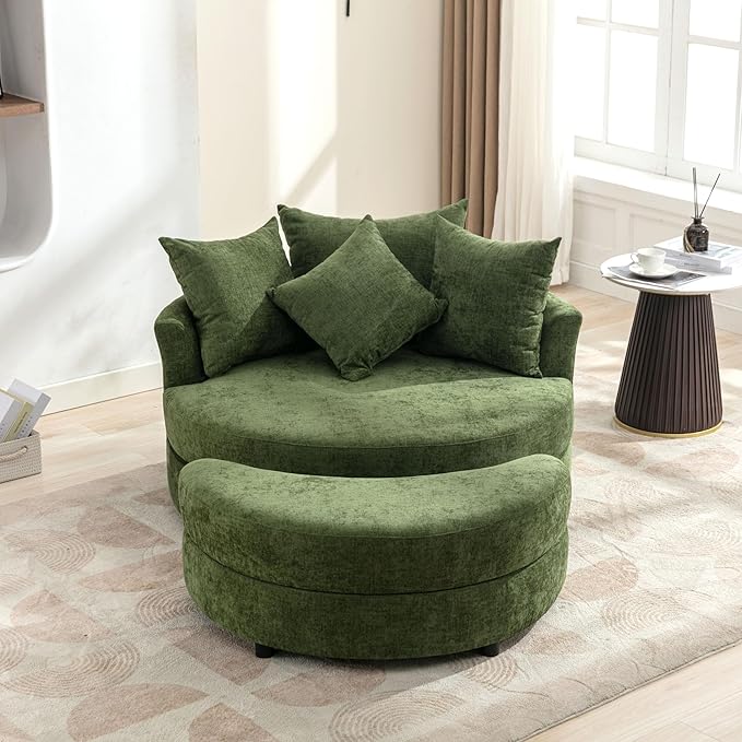 ERYE Oversized Round Accent Barrel Chair with Storage Ottoman and 360 Swivel Base Modern Chenille Upholstered Leisure Recliner Armchair for Living Room Bedroom