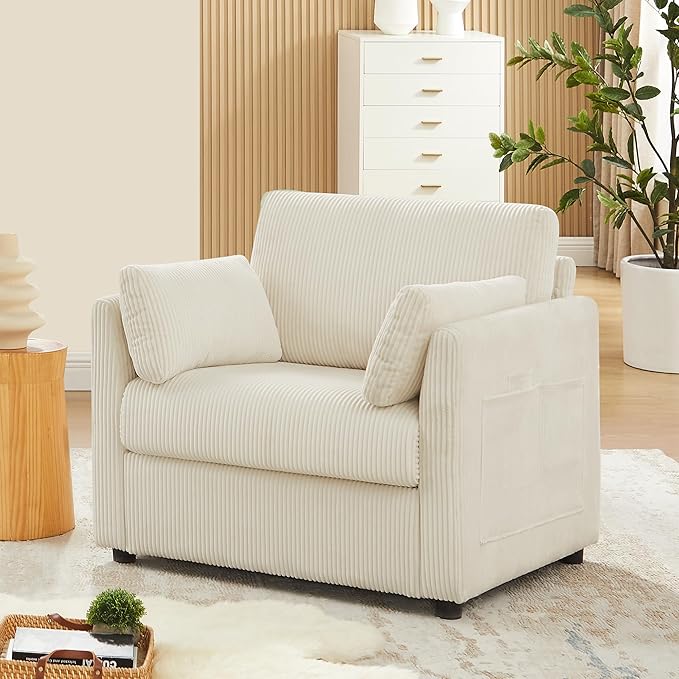 Modern Corduroy Accent Chairs 38 W Comfy Armchair with Soft Pillows and Side Pockets Single Reading Chairs for Living Room Bedroom Apartment Beige