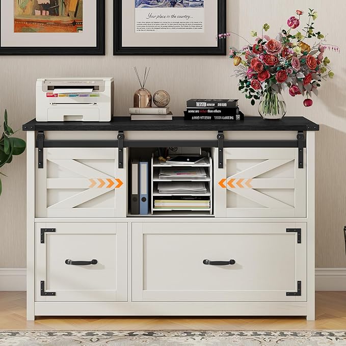Vabches Farmhouse Filing Cabinet with 2 Drawer for Home OfficeFiling Organization Storage Cabinets for Hanging Files Letter/Legal/F4/A4Lateral File Cabinets 2 Drawer with Sliding Barn Doors.Black