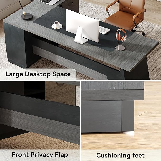 LITTLE TREE 78-Inch Executive Office Desk with File Cabinet Large Modern Corner Office Desk for Home Office 3-Drawer Wood File Cabinet Spacious Workstation for Home Office (Grey &amp Black)
