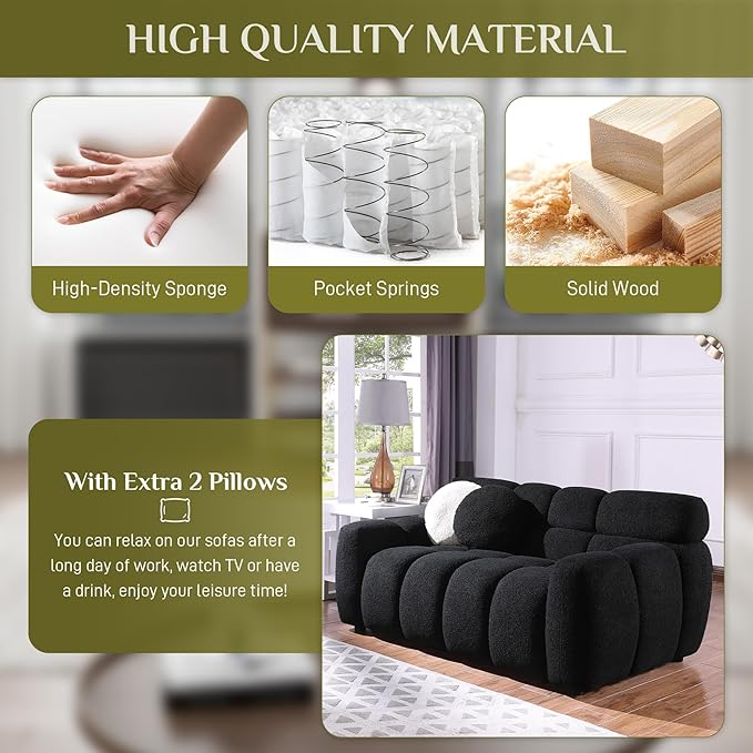 65 Boucle Loveseat Sofa Comfy Upholstered Sherpa Deep Seat Cloud Couch Cozy Modern Tufted 2-Seater Love Seat with 2 Pillows for Living Room Apartment Bedroom Black