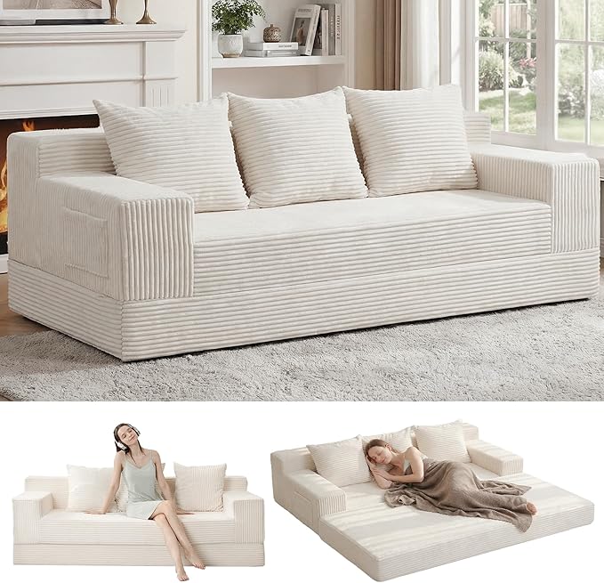 Convertible Futon Sofa Bed Couch 78'' Corduroy Folding Sofas Bed Compression Boneless Floor Couch Sofa Beds with 3 Pillows for Living Room Bedroom Apartment