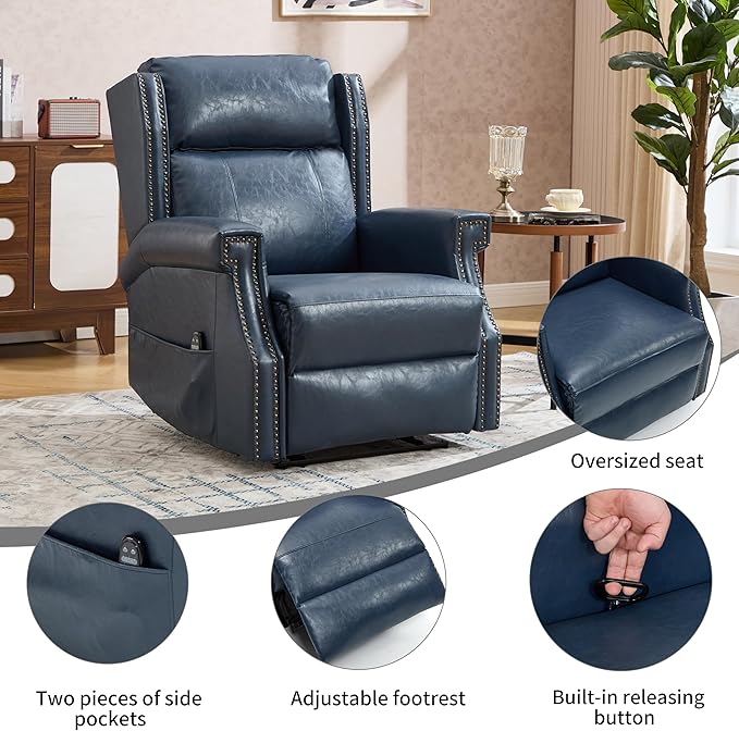 Manual Recliner Chair Faux Leather Push Back Recliners with Vibration Massage Lumbar Heat Living Room Single Sofa Reclining Rivet Design Chair Blue