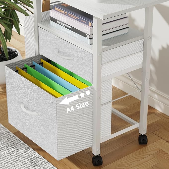 GYIIYUO 2 Drawer File Cabinet with 24'' Extended Desktop Mobile Filing Cabinet Rolling File Cabinet with Side Bag Fabric Drawer Fits A4/Letter Size Printer Stand Home Office White