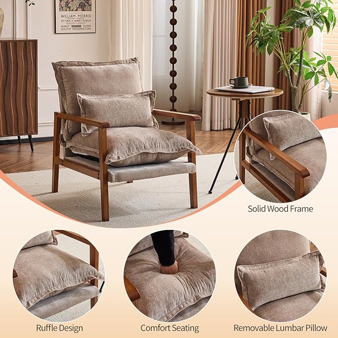 Karl home Plush Chenille Accent Chair with Lumbar Pillow &amp Ruffled Design Cozy Lounge Chair for Living Room Bedroom Reading Corner Khaki