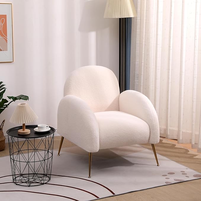 Accent Upholstered Single Chair White Sherpa Armchair with Golden Legs for Living Room Bedroom Office