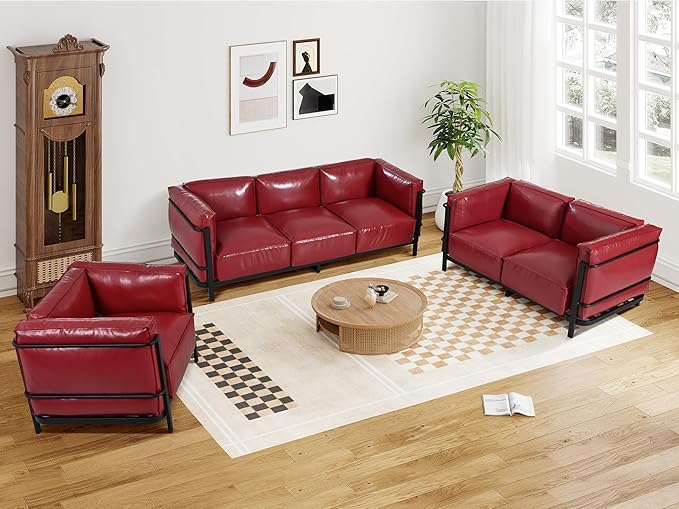 Minimalist Style 3 Seater Sofa Mid-Century Modern Faux Leather Sofa Couch with Fixed-Shape Iron Frame Upholstered Couch Chair for Living Room Office Apartment (Burgundy 3 Seater Sofa)