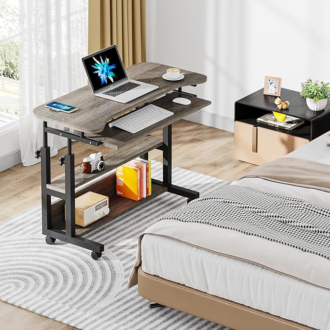 Tribesigns Portable Desk with Power Outlets Height Adjustable Side Table Sofa Couch Bedside Laptop Computer Cart with USB Charging Ports Mobile Small Standing Desk with Keyboard Tray