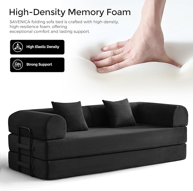 79 Convertible Sofa Bed with Fixed-Shape Frame &amp Removable Armrests Modular Corduroy Sleeper Sofa Folding Mattress Couch for Small Spaces - No Assembly Needed in Black (Includes 2 Pillows)