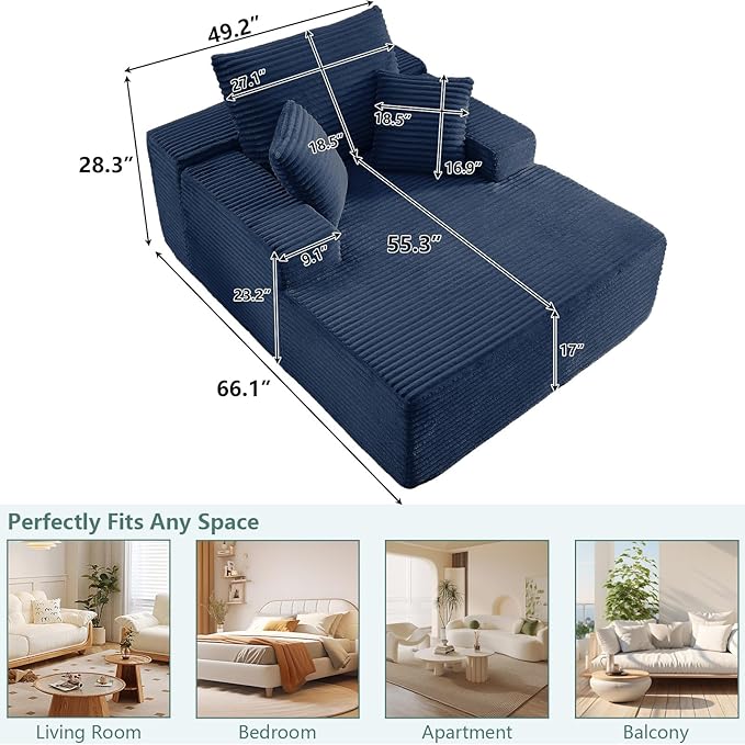 50 Oversized Chaise Lounge Chair IndoorCorduroy Boneless Reading Chair with 3 PillowsDeep Seat Cloud Sofa BedComfy Modern Sleeper Chairs in Box for Living Room BedroomNo Assembly(Blue)