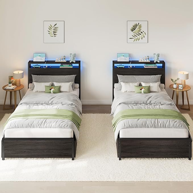 LIKIMIO Twin XL Bed Frame with 2-Tier Shelves &amp Charging Station &amp LED Light DIY Layout Storage Drawers Suitable for Teen Rooms Small Apartments &amp Bedrooms Gray Black