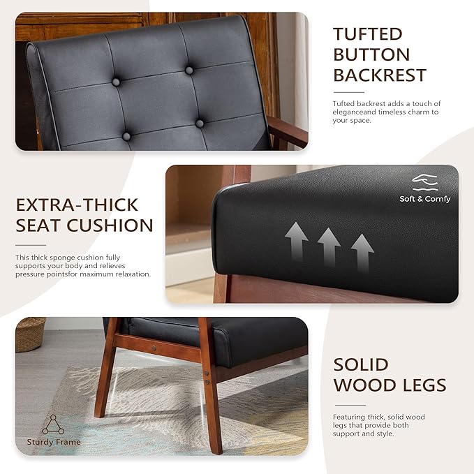 JIASTING Mid-Century Retro Modern Accent Chair Wooden Arm Upholstered Tufted Back Lounge Chairs Seat Size 24.4 18.3 (Deep) (Square Leg Black)