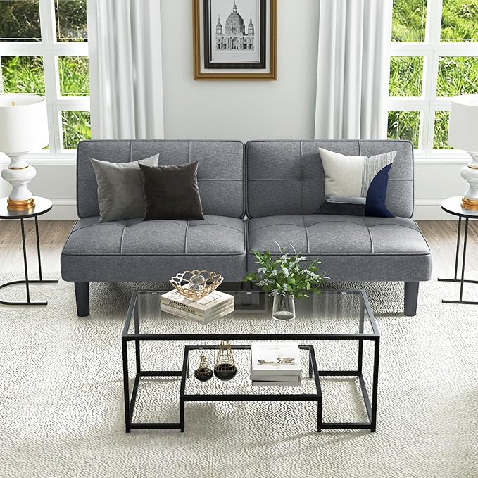 KOMFOTT Convertible Futon Sofa Bed Upholstered Folding Linen Sleeper Couch with 6-Position Adjustable Backrest Thick Cushion Adjustable Recliner Couch Bed Loveseat for Living Room Small Spaces