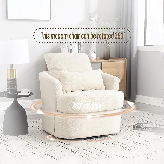Swivel Barrel Chair Comfy Round Accent Sofa Chair for Living Room 360 Degree Swivel Barrel Club Chair Leisure Arm Chair for Nursery Hotel Bedroom Office Lounge (WhiteTeddy)