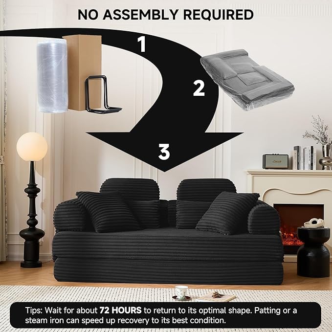 79 Sofa Bed Deep Seat 32 Sleeper Sofa 5-in-1 Convertible Sofa Bed Boneless Couch in a Box Corduroy Floor Futon with Thickened backrest and Headrest Pillows Side Pockets Black