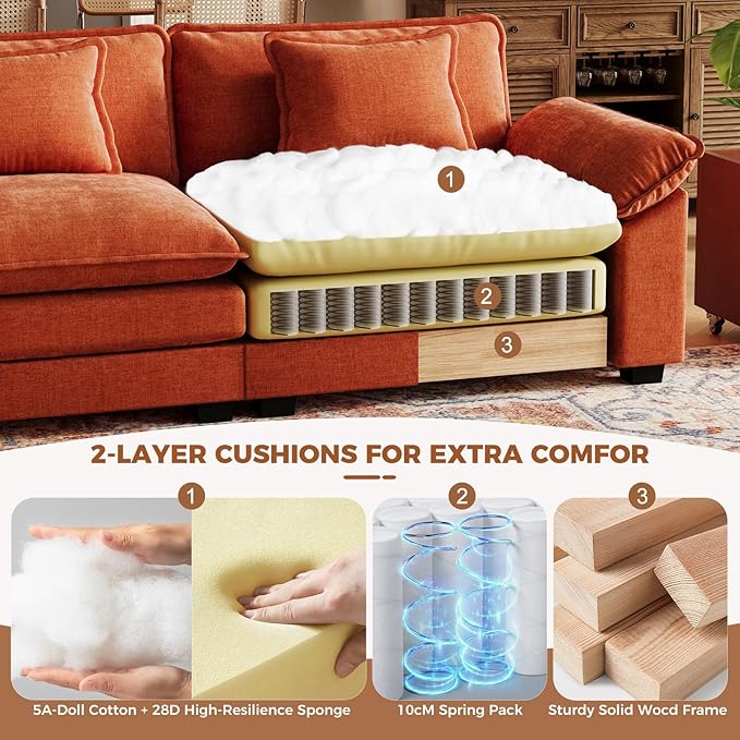 CDCASA 120 Modular Sectional Sofa Comfy Cloud Couch Oversized 3-Seater Chenille Deep Seat Sofa Bed for Living Room DIY Combination Terracotta Orange