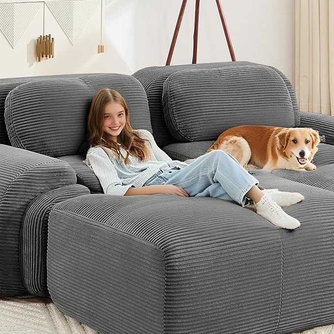 117.3” U Shaped Boneless Couch with Ottoman Corduroy Modular Sectional Sofa Comfy 5 Seater Cloud Sofa Sectional Deep Seat Modern Upholstered Couches for Living Room No Assembly Required