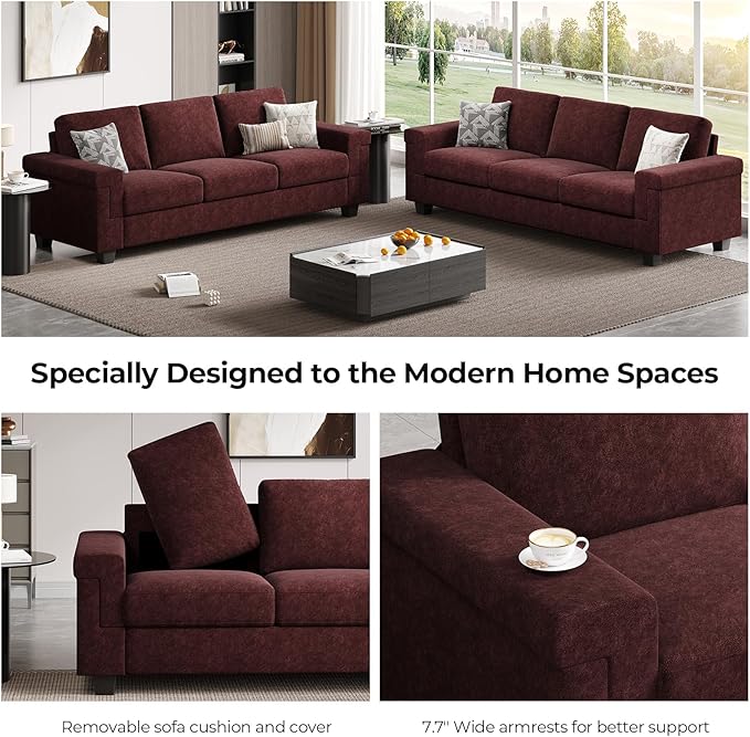 3 Seater Sofa Couch with Deep Seat 90 Modern Upholstered Sofa with Armrests Easy Installation Comfy Couches for Living Room Apartment Burgundy