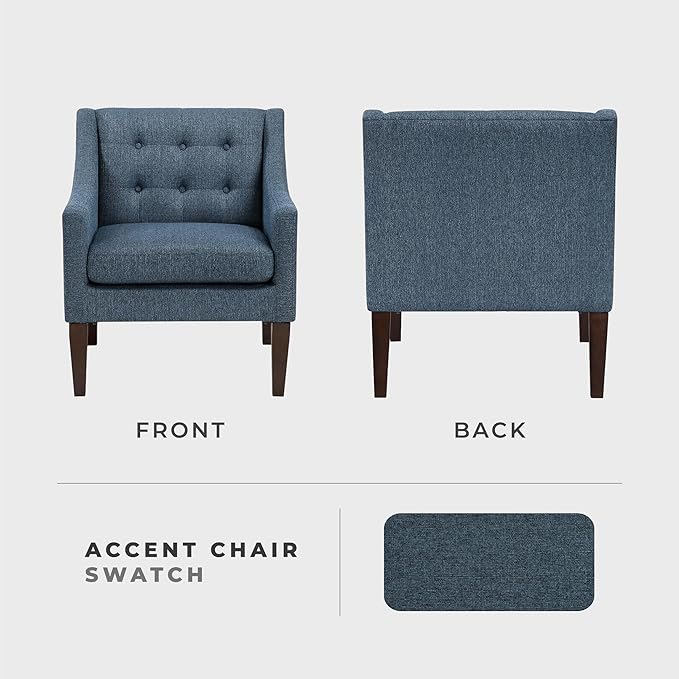 Lexicon Living Room Accent Chair Textured Fabric Upholstered Arm Chair with Button Tufted Back Sloped Arms and Wooden Legs Blue