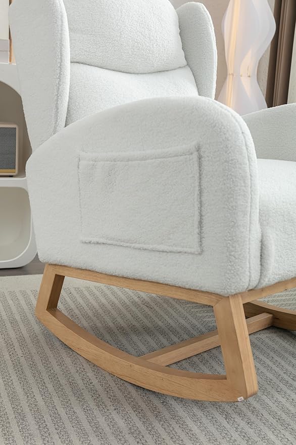Teddy Rocking Chair Ivory Fabric Accent Chair with Wooden Legs for Living Room Bedroom Indoor Use Comfortable Upholstered Rocker with 300 Lbs Capacity