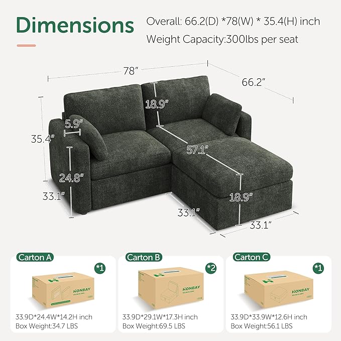 HONBAY Modular Sectional Couch with Storage Ottoman Sectional Sofa with Storage Seats L Shaped Sectional Couches for Living Room Green