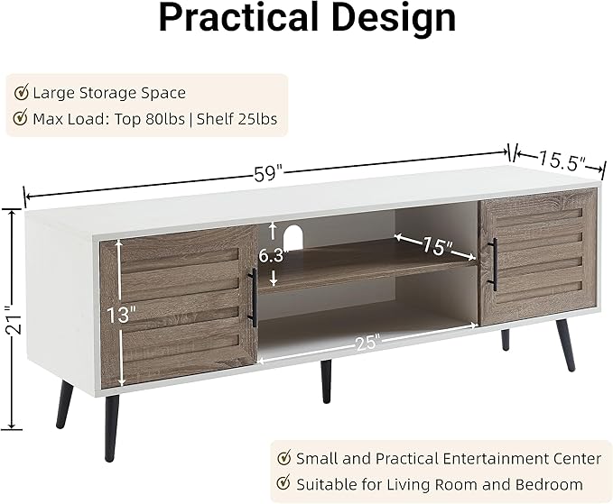 EDYO LIVING Mid Century Modern TV Stand for 65 TV Wood TV Stand with Storage Cabinet and Open Shelf Entertainment Center TV Console Table for Living Room White Walnut