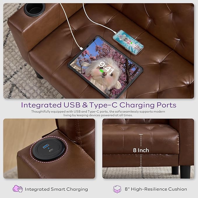 TYBOATLE 62 W Leather Loveseat w/Chairs 2 Piece Sofa Sets for Living Room w/ 2 USB Charger Ports and 2 Cupholders Living Room Furniture Sets of 2 (2 Brown)
