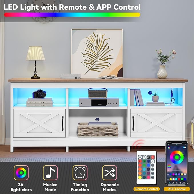 DWVO TV Stand for up to 65 Inch TV Entertainment Center with Storage TV Cabinet with Power Outlet &amp LED Light Strip Media Console Television Stands for Living Room White &amp Walnut