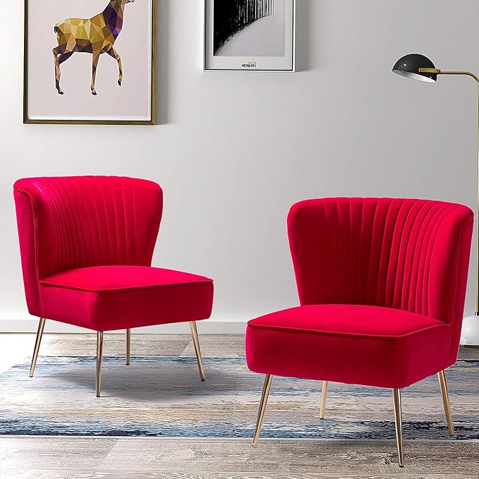 TINA'S HOME Velvet Accent Chair Set of 2 with Metal Golden Legs Upholstered Armless Slipper Chair with Wingback Mid Century Side Chair for Living Room Bedroom Makeup Vanity- Red
