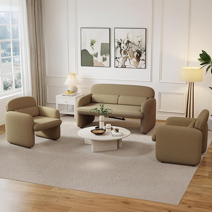Furnimart Modern Loveseat &amp 2 Accent Chairs Set 3 pcs Sofa Set for Living Room Two Seater Couch with 2 Armchairs Comfy Upholstered Boucle Sofa Small Couches for Apartment Office Chenille Bro