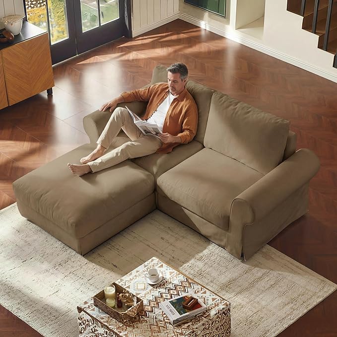 Loveseat Cloud Couch with Ottoman for Living Room Oversized 81.9 Farmhouse Comfy Slipcoverd Sofa with Rolled Arms Washable Couches with Deep &amp Wide seat Easy Assmably Khaki