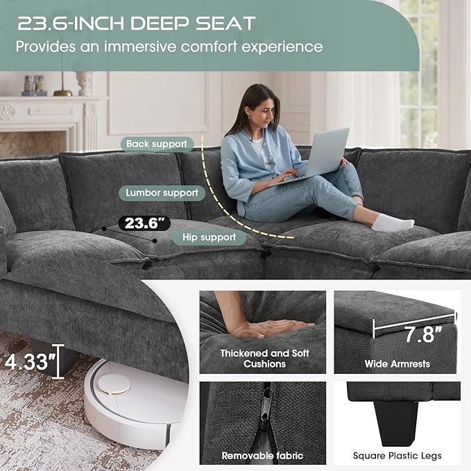 97 5 Seater L Shaped Couch Corner Sofa Oversized Cloud Couch with 2 Pillows Chenille Modular Sectional Sofa Armrests with Two Hidden Storage Space Sectional Couches for Living Room Dark Grey