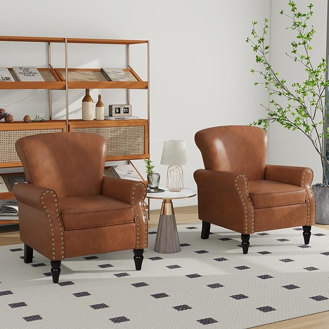 Accent Chair Mid Century Modern Faux Leather Arm Chair with Wood Leg for Living Room Bedroom Comfy PU Leather Club Reading Chairs with Wingback &amp Nailhead Trim (Leather Brown Set of 2)