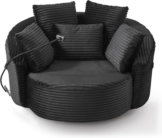 360° Swivel Accent Chair with 5 Throw Pillows Adjustable Phone Holder Corduroy Fabric Round Sofa Chair Barrel Chair with Semi-Wraparound Design for Living Room Office and Hotel (Black1)