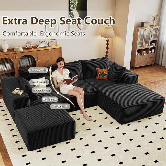 96 U-Shape Cloud Couch Modern Modular Sectional L-Shape Sofa with Ottoman Corduroy Upholstered Couches Deep Seat Sleeper Chaise Longue for Living Room No Assembly Required(Black Right Facing)
