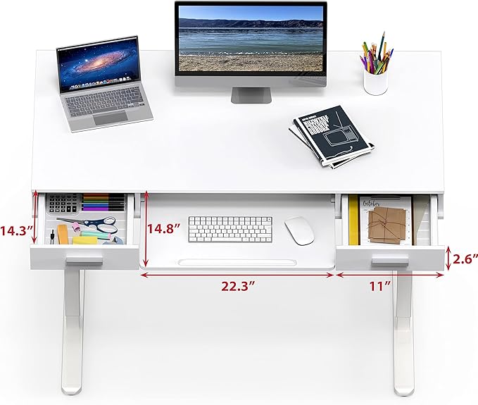 SHW 48-Inch Electric Height Adjustable Desk with Keyboard Tray and 2 Drawers White