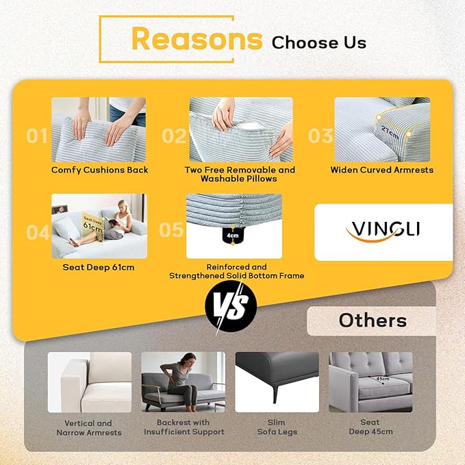 VINGLI 72 w Compressed Love Seat Sofa with Wide Curved Armrests (10.6) Premium Corduroy Couch in a Box Boneless Loveseat for Living Room Easy Assembly Required for Small Spaces Light Blue
