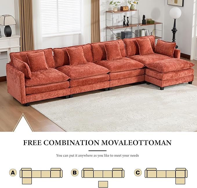 146.5 Orange Modular Sectional Sofa 4 Seater Large Sectional Couches for Living Room Chenille Fabric Oversized Cloud Couch with Ottoman Deep Seat Home Sofas Set Sofá Moderno L Shaped
