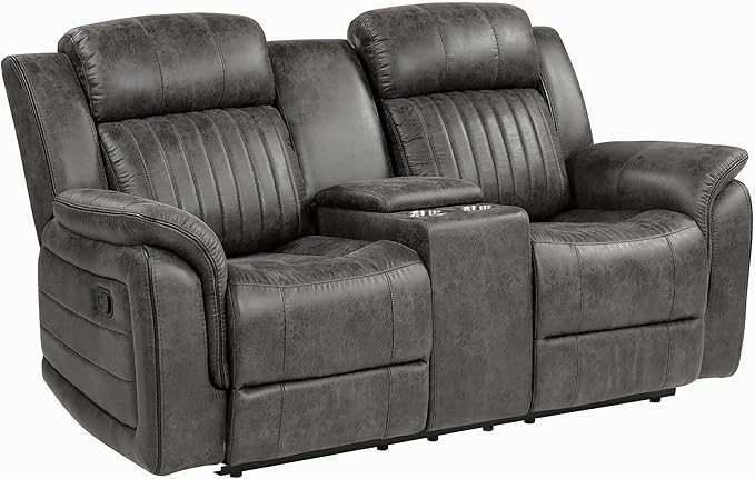 Lexicon 74 W Manual Double Reclining Loveseat with Center Console Polished Microfiber Recliner Loveseat Pillow Top Arms for Living Room Easy Assembly Brownish Gray