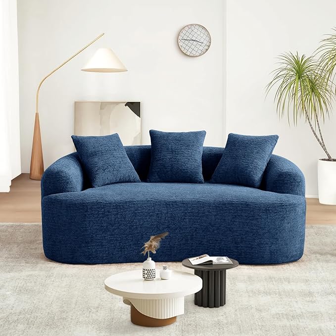 65 Curved Loveseat Sectional Sofa for Living Room Modern Plush Chenille Cloud Round Deep Seat Compressed Boneless Couch with 3 Throw Pillows for Small Apartment No Assembly Needed Blue