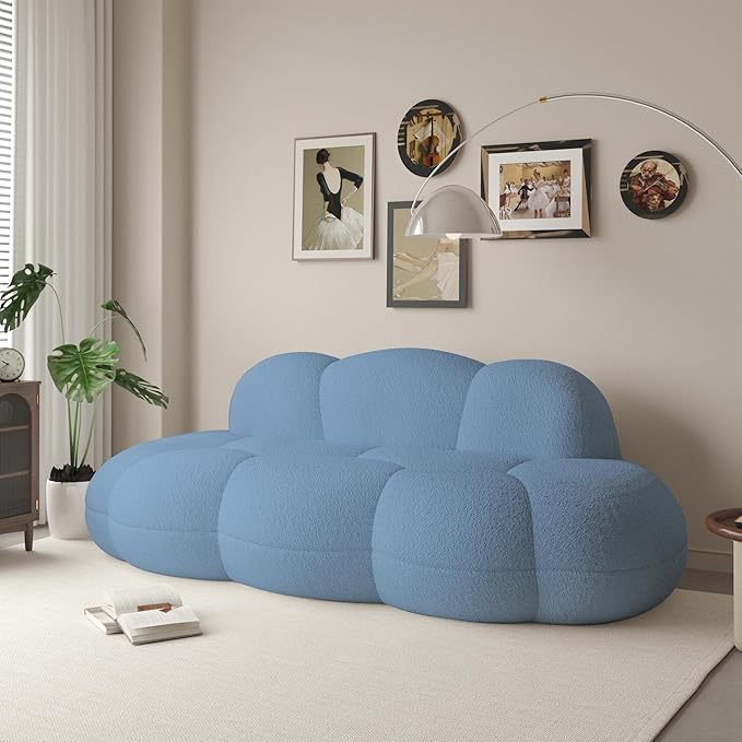 Boneless Small Couch for Bedroom 90 Modern Curved Boucle Couch Comfy Upholstered Cloud LoveSeat Floor Sofa Deep Seat Leisure Bubble Couches for Living Room Small Space (Blue No Installation)