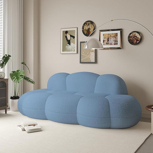 Boneless Small Couch for Bedroom 90 Modern Curved Boucle Couch Comfy Upholstered Cloud LoveSeat Floor Sofa Deep Seat Leisure Bubble Couches for Living Room Small Space (Blue No Installation)