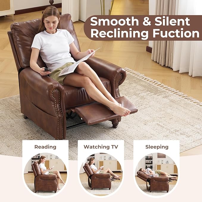 Pushback Recliner Chair with Massage and Heating Breathable Leather Recliner Chair with Overstuffed Backrest and Rivet Decoration Single Sofa Accent Chair for Living Room Light Brown