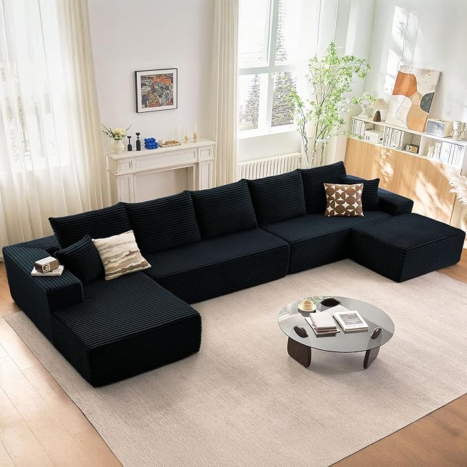 Cloud Modular Sectional Sofa for Living Room167x69.7 Oversized U-Shaped Couch with 7 PillowsBig Comfy Couches SetFluffy Corduroy Sofa with Ottoman &amp ChaiseNo Assembly(BlackLeft-Facing Chaise)