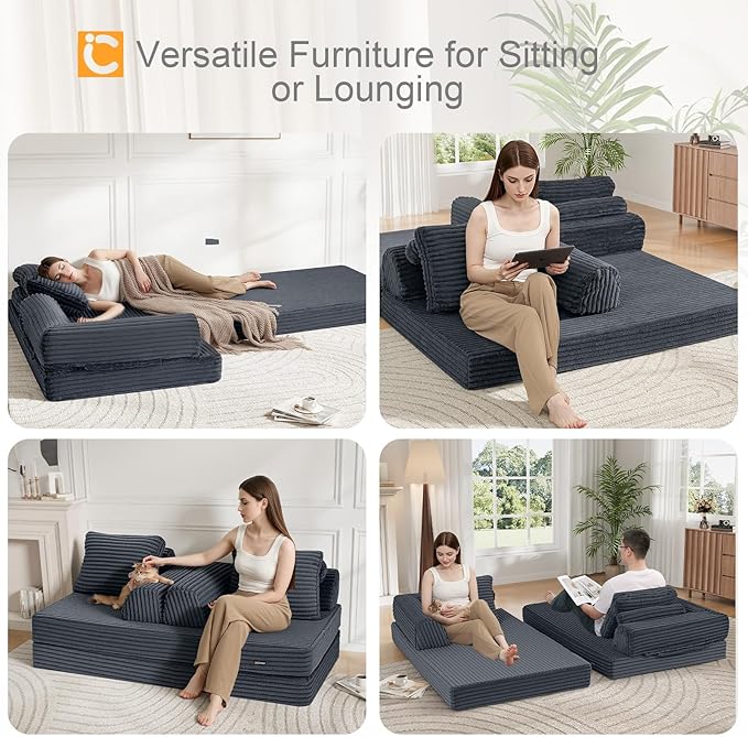 COMAX Convertible Sofa Bed Folding Floor Couch Corduroy Fold Out Couch Bed Futon Sleeper Mattress with Pillows Boneless Sofa Comfy Lounge Loveseat for Living Room Bedroom Plush Grey